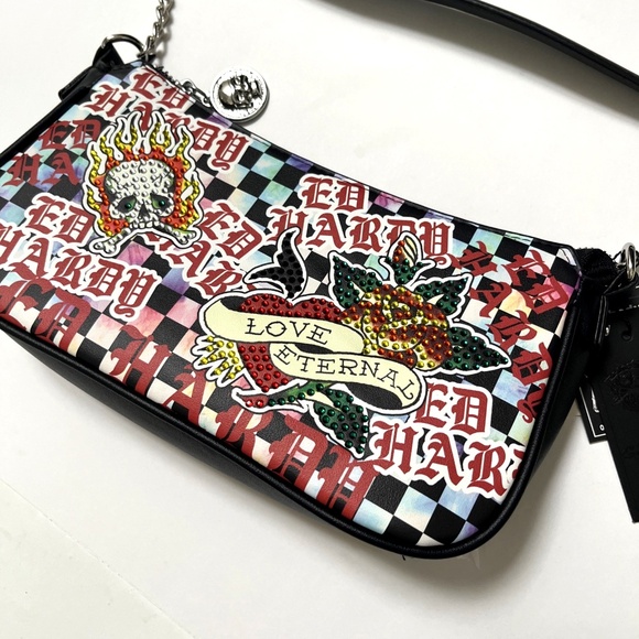 NWT ED HARDY Shoulder Bag Love Eternal Skull Rhinestone Checkered Tattoo Print - Picture 1 of 8